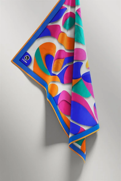 Twill Soyut Geometrik Desenli Saks - Turuncu Renkli 90x90 Eşarp (İpek İçermez) Dikim Şekli : El Dikişi - Resim 4