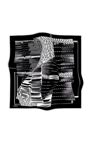 %100 Twill İpek Geometrik Desenli Siyah - Beyaz Renkli 90x90 Eşarp Dikim Şekli : El Dikişi - Resim 2