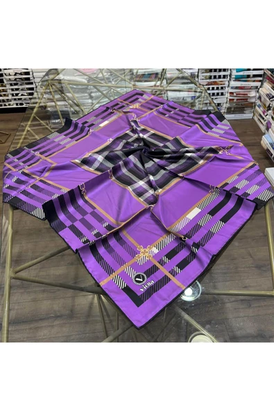 Twill Kemerli ve Ekose Desenli Lila Renkli 90x90 Eşarp (İpek İçermez)Kenar Dikiş Şekli El Dikişli - Resim 6