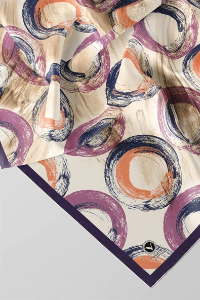 Twill Geometrik Fırça Darbesi Desenli Mor Renkli 90x90 Eşarp (İpek İçermez) Kenar Dikiş Şekli El Dikişli - Resim 4