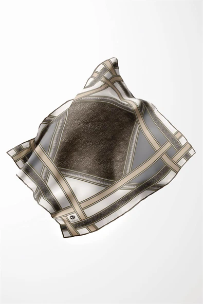 Twill Bordür Taş Desenli Bej Renkli 90x90 Eşarp (İpek İçermez) Kenar Dikiş Şekli El Dikişli - Resim 4