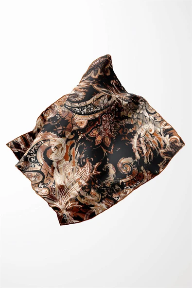 Twill Şal Desenli Taba Renkli 90x90 Eşarp (İpek İçermez) Kenar Dikiş Şekli El Dikişli - Resim 3