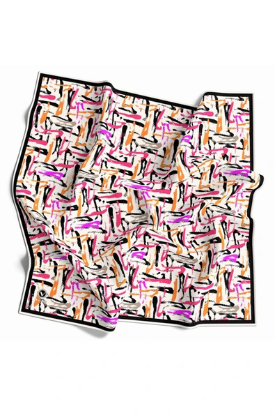 Twill Geometrik Desenli Pembe - Turuncu Renkli 90x90 Eşarp (İpek İçermez) Dikim Şekli : El Dikişi ürün görseli