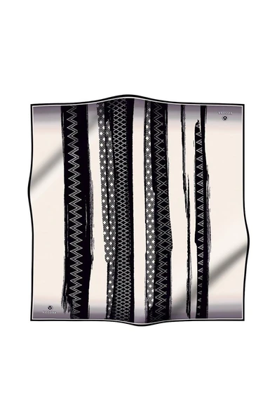 %100 Twill İpek Motifli Ve Şerit Desenli Krem- Siyah Renkli 90x90 Eşarp Dikim Şekli : El Dikişi - Resim 2