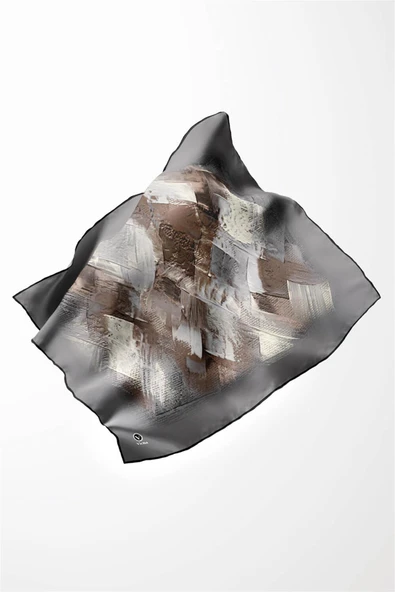 Twill Fırça Efektli Desenli Gri Renkli 90x90 Eşarp (İpek İçermez) Kenar Dikiş Şekli El Dikişli - Resim 3