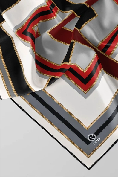 Twill Çerçeve Desenli Gri - Bordo Renkli 90x90 Eşarp (İpek İçermez) Kenar Dikiş Şekli El Dikişli - Resim 2