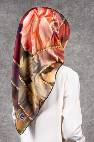 Twill Gül Desenli Bordo - Vizon Renkli 90x90 Eşarp (İpek İçermez) Kenar Dikiş Şekli El Dikişli ürün görseli