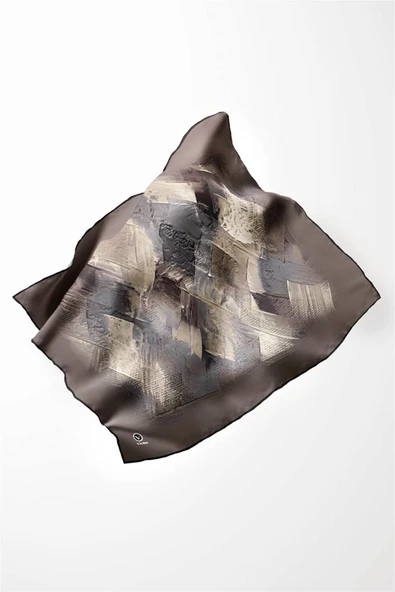 Twill Fırça Efektli Desenli Taş Renkli 90x90 Eşarp (İpek İçermez) Kenar Dikiş Şekli El Dikişli - Resim 3