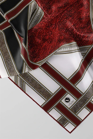Twill Bordür Taş Desenli Bordo Renkli 90x90 Eşarp (İpek İçermez) Kenar Dikiş Şekli El Dikişli - Resim 3
