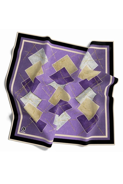 Twill Geometrik Desenli Lila Renkli 90x90 Eşarp (İpek İçermez) Kenar Dikiş Şekli El Dikişli ürün görseli 1