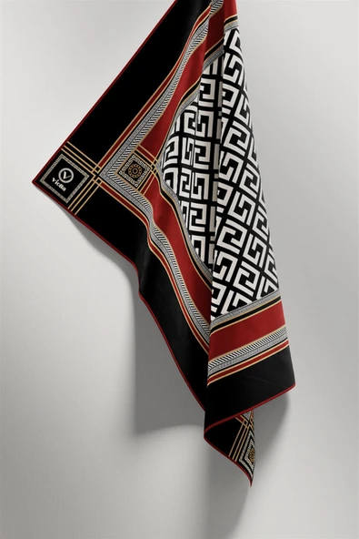 Twill Antik Desenli Bordo Renkli 90x90 Eşarp (İpek İçermez) Kenar Dikiş Şekli El Dikişli - Resim 4