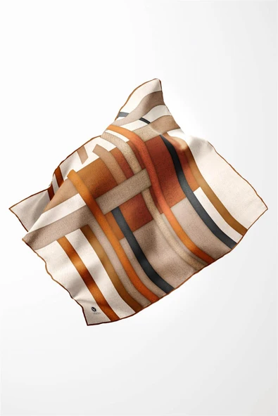 Twill Renkli Şerit Desenli Taba Renkli 90x90 Eşarp (İpek İçermez) Kenar Dikiş Şekli El Dikişli - Resim 3