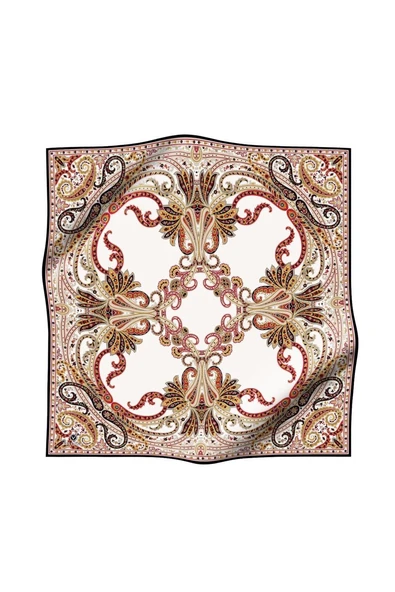 %100 Twill İpek Şal Desenli Siyah - Krem Renkli 90x90 Eşarp Dikim Şekli : El Dikişi - Resim 3