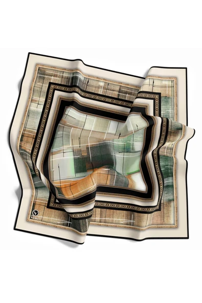 Twill Gold Çerçeveli ve Fırça Desenli Petrol Yeşili Renkli 90x90 Eşarp (İpek İçermez) Dikim Şekli : El Dikişi - Resim 2