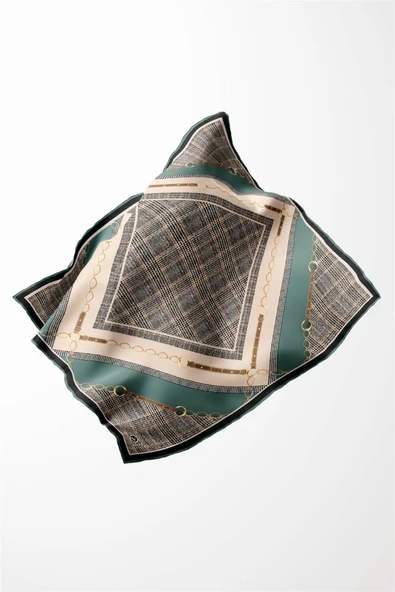 Twill Kemer ve Zincir Detaylı Ekose Desenli Petrol Yeşili Renkli 90x90 Eşarp (İpek İçermez) Kenar Dikiş Şekli El Dikişli - Resim 4