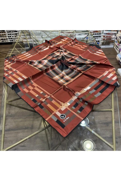 Twill Kemerli ve Ekose Desenli Taba Renkli 90x90 Eşarp (İpek İçermez)Kenar Dikiş Şekli El Dikişli - Resim 6