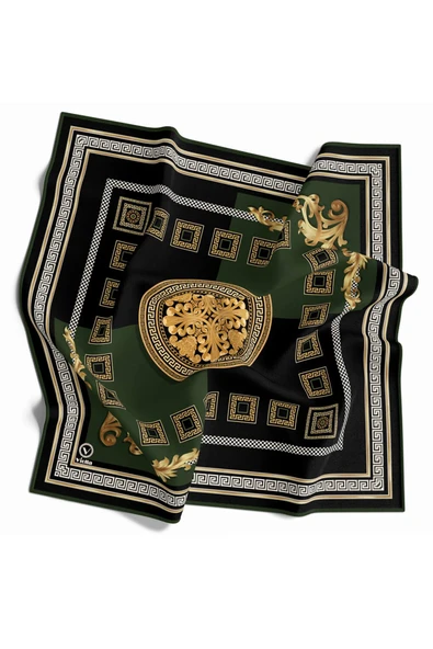 Twill Barok Desenli Zümrüt Yeşili Renkli 90x90 Eşarp (İpek İçermez) Kenar Dikiş Şekli El Dikişli - Resim 6