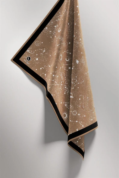 Twill Galaksi Desenli Bej Renkli 90x90 Eşarp (İpek İçermez) Kenar Dikiş Şekli El Dikişli - Resim 5