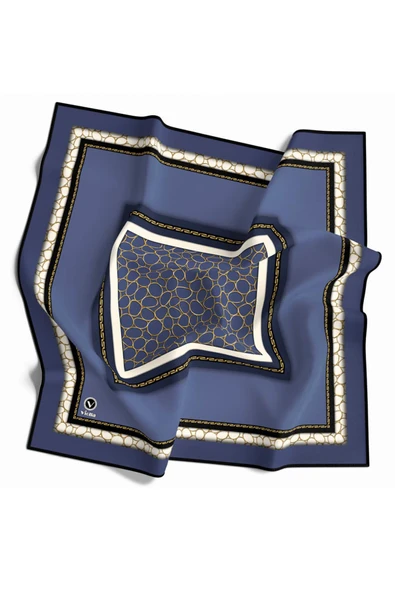 Twill Zincir Desenli İndigo Renkli 90x90 Eşarp (İpek İçermez) Kenar Dikiş Şekli El Dikişli ürün görseli
