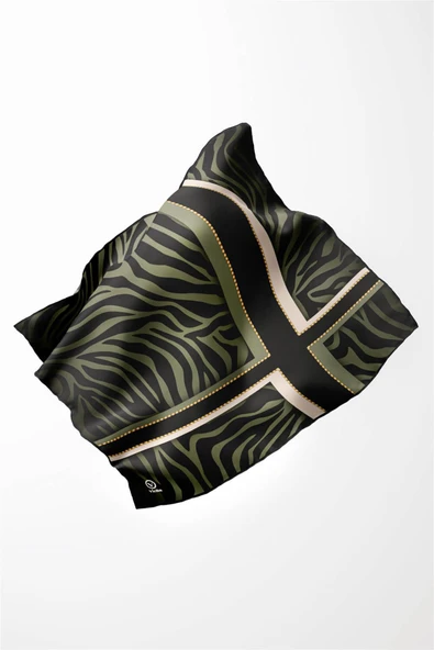 Twill Zebra Desenli Siyah - Haki Renkli 90x90 Eşarp (İpek İçermez) Dikim Şekli : El Dikişi - Resim 3