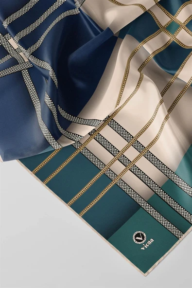 Twill Geometrik Desenli Petrol Yeşili - İndigo Renkli 90x90 Eşarp (İpek İçermez) Kenar Dikiş Şekli El Dikişli - Resim 3