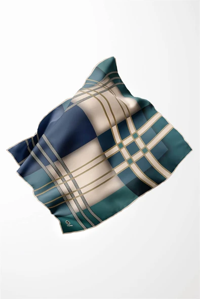 Twill Geometrik Desenli Petrol Yeşili - İndigo Renkli 90x90 Eşarp (İpek İçermez) Kenar Dikiş Şekli El Dikişli - Resim 4
