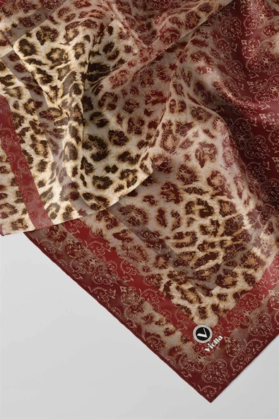 Twill Leopar Desenli Kırmızı Renkli 90x90 Eşarp (İpek İçermez) Kenar Dikiş Şekli El Dikişli - Resim 2