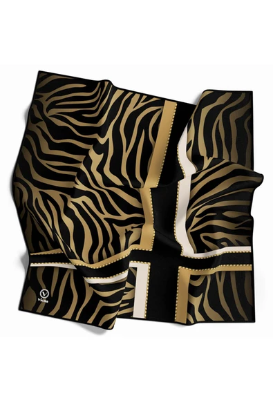 Twill Zebra Desenli Siyah - Gold Renkli 90x90 Eşarp (İpek İçermez) Dikim Şekli : El Dikişi ürün görseli