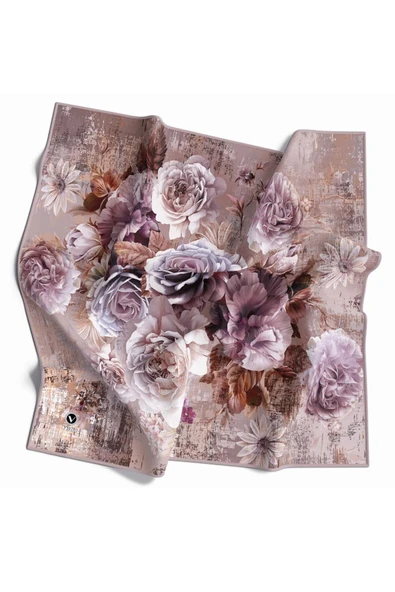 Rayon Büyük Çiçek Desenli Vizon Renkli 90x90 Eşarp (İpek İçermez) Kenar Dikiş Şekli El Dikişli ürün görseli