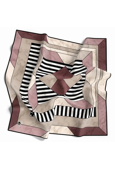 Twill Çizgili Geometrik Mermer Desenli Pudra Renkli 90x90 Eşarp (İpek İçermez) Kenar Dikiş Şekli El Dikişli ürün görseli 1