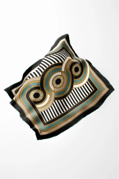 Twill Geometrik Desenli Petrol Yeşili Renkli 90x90 Eşarp (İpek İçermez) Kenar Dikiş Şekli El Dikişli - Resim 3