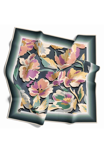 Rayon Büyük Çiçekli Petrol Yeşili Renkli 90x90 Eşarp (İpek İçermez) Kenar Dikiş Şekli El Dikişli - Resim 2