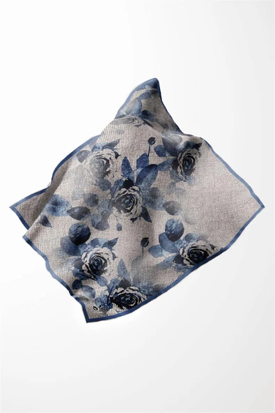 Twill Gül Desenli Bebe Mavisi Renkli 90x90 Eşarp (İpek İçermez) Kenar Dikiş Şekli El Dikişli - Resim 3