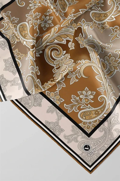 Kristal Şal Desenli Hardal Renkli 90x90 Eşarp (İpek İçermez) Kenar Dikiş Şekli El Dikişli - Resim 2