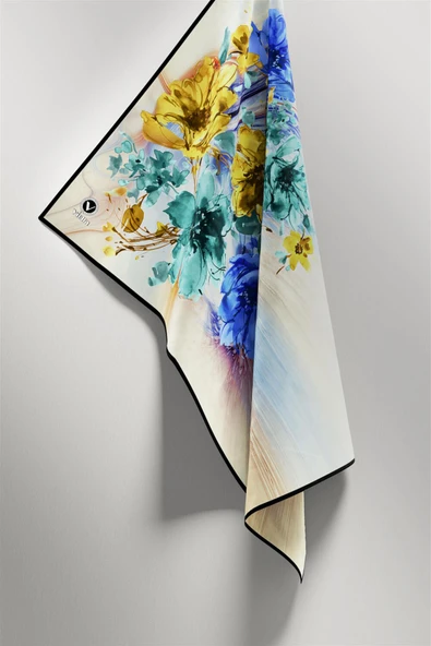 Twill Çiçek Desenli Siyah Renkli 90x90 Eşarp (İpek İçermez) Kenar Dikiş Şekli El Dikişli - Resim 4