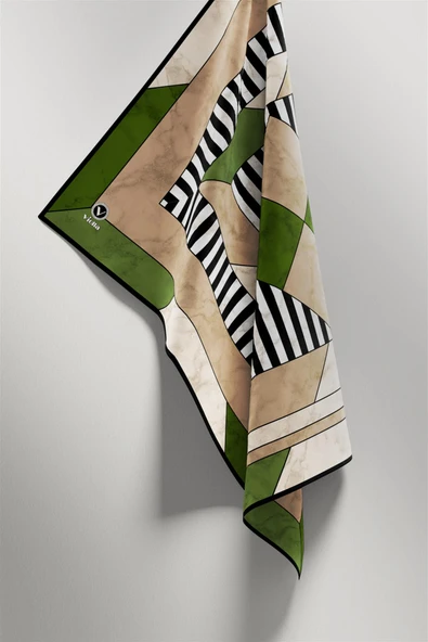 Twill Çizgili Geometrik Mermer Desenli Zümrüt Yeşili Renkli 90x90 Eşarp (İpek İçermez) Kenar Dikiş Şekli El Dikişli - Resim 4