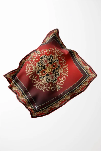 Twill Barok Desenli Bordo Renkli 90x90 Eşarp (İpek İçermez) Dikim Şekli : El Dikişi - Resim 4