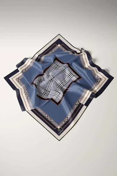 %100 Twill İpek Ekose Desenli İndigo Renkli 90x90 Eşarp Dikim Şekli : El Dikişi - Resim 6