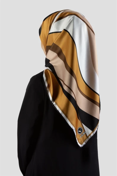 Rayon Modern Dalgalı Çizgi Desenli Hardal Renkli 90x90 Dikim Şekli : El Dikişi Eşarp (İpek İçermez) ürün görseli