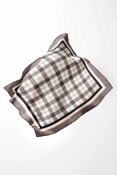 Twill Ekose Desenli Bej Renkli 90x90 Eşarp (İpek İçermez) Kenar Dikiş Şekli El Dikişli - Resim 3