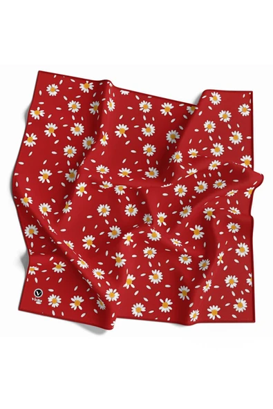 Twill Papatya Desenli Kırmızı Renkli 90x90 Eşarp (İpek İçermez) Kenar Dikiş Şekli El Dikişli ürün görseli 1