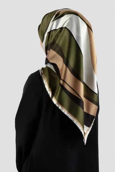 Rayon Modern Dalgalı Çizgi Desenli Haki Renkli 90x90 Dikim Şekli : El Dikişi Eşarp (İpek İçermez) ürün görseli 1