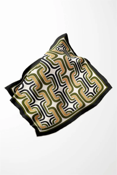 Twill Geometrik Zincir Desenli Haki Renkli 90x90 Eşarp (İpek İçermez) Kenar Dikiş Şekli El Dikişli - Resim 4