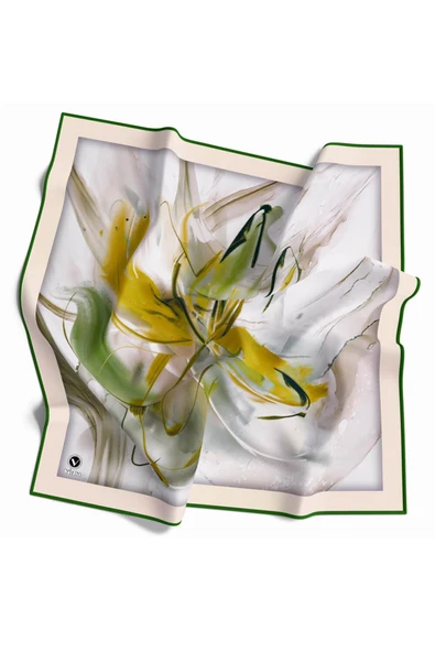 Twill Çiçek Tablo Desenli Zümrüt Yeşili Renkli 90x90 Eşarp (İpek İçermez) Kenar Dikiş Şekli El Dikişli - Resim 2