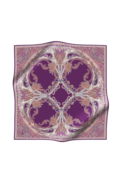 %100 Twill İpek Şal Desenli Mürdüm - Fuşya Renkli 90x90 Eşarp Dikim Şekli : El Dikişi - Resim 2