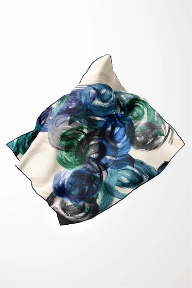 Twill Fırça Efektli Desenli Lacivert Renkli 90x90 Eşarp (İpek İçermez) Kenar Dikiş Şekli El Dikişli - Resim 4