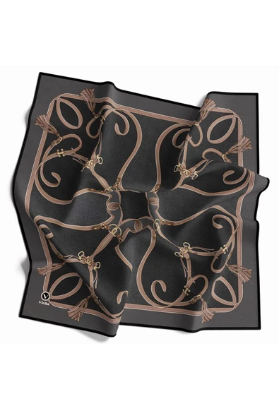 Twill Kemer Desenli Gri Renkli 90x90 Eşarp (İpek İçermez) Dikim Şekli : El Dikişi - Resim 2