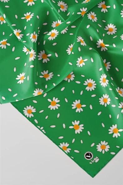 Twill Papatya Desenli Benetton Yeşili Renkli 90x90 Eşarp (İpek İçermez) Kenar Dikiş Şekli El Dikişli - Resim 2