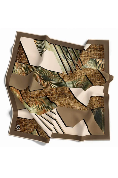 Twill Dalgalı Geometrik Desenli Bej Renkli 90x90 Eşarp (İpek İçermez) Kenar Dikiş Şekli El Dikişli ürün görseli 1