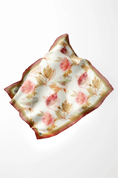 Twill Suluboya Çiçek Desenli Bordo Renkli 90x90 Eşarp (İpek İçermez) Kenar Dikiş Şekli El Dikişli - Resim 3